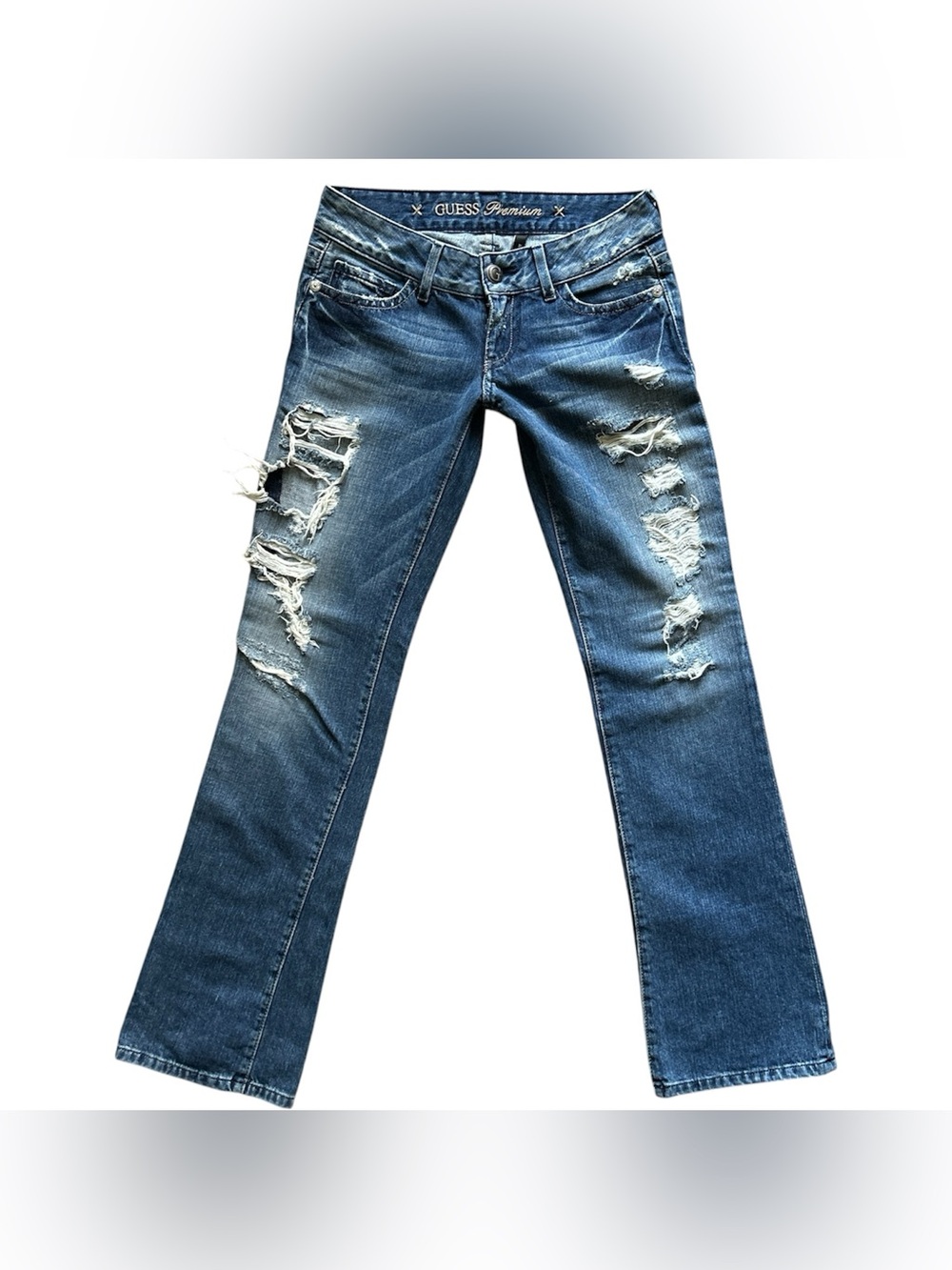 Y2K Grunge “GUESS” Medium Wash Low Rise Ripped Bootcut Jeans